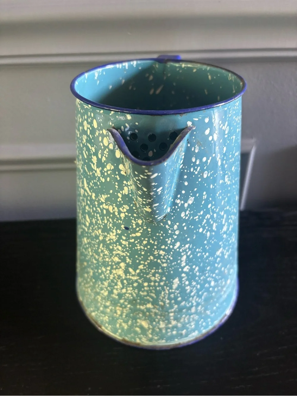Vintage Blue Speckled Enamelware Pitcher Coffee Pot – 1940s Granite Style